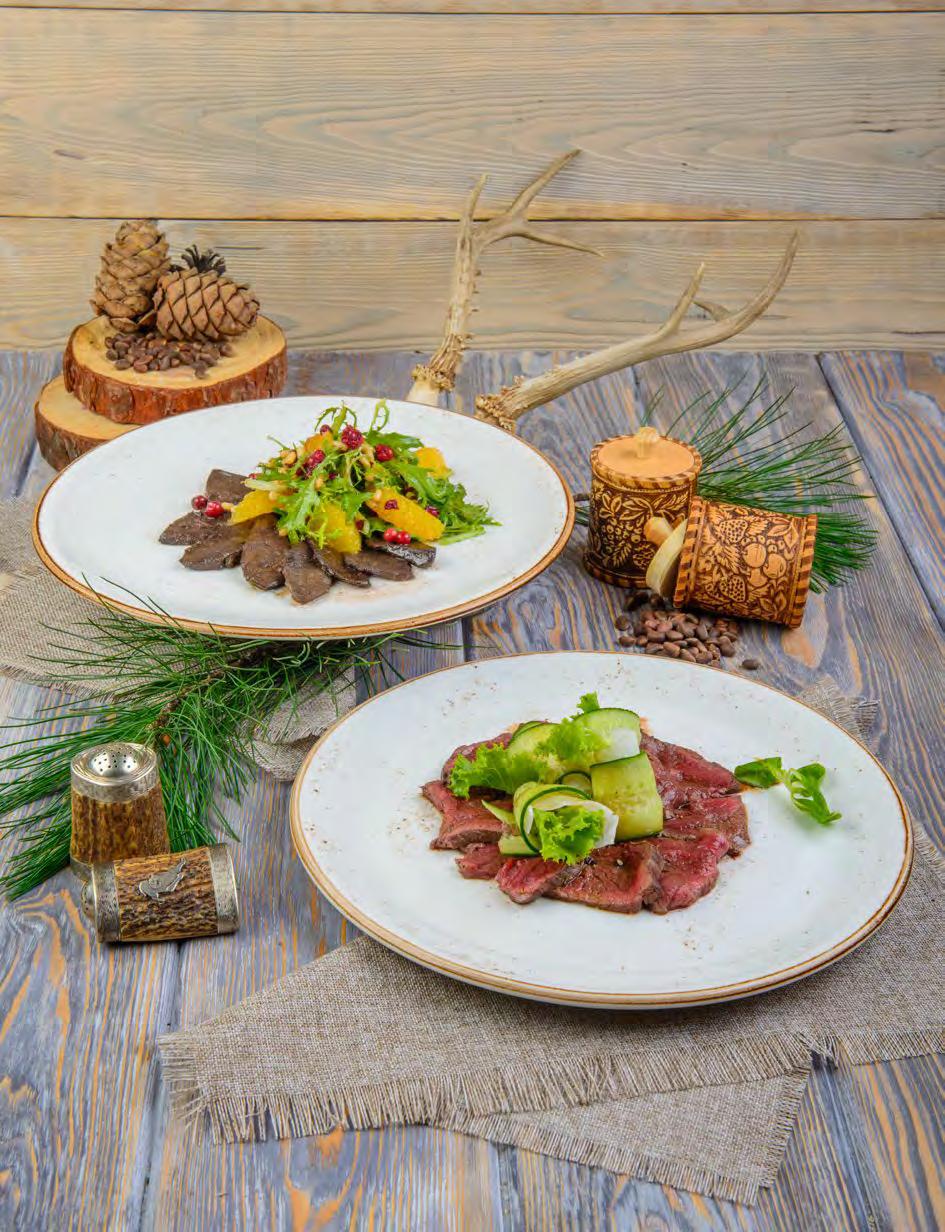 SALADS & SNACKS Salad with game & domestic poultry salad mix, fried chicken & great grouse breast with lingonberry, honey apples & pine nuts 210 g 460,- Roe deer liver fried in pomegranate sauce with