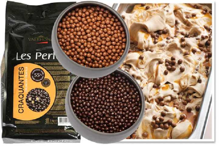 Flavor/Variety 054015 Callebaut 1/15 OZ Bottle Multi Crunchy Pearls Toasted puffed cereal wrapped in a chocolate coating, these tasty treats are particularly suitable for cold and iced