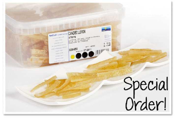Flavor/Variety 987792 Moda 1/36 Count 2.8 Inch Decorations Non-Chocolate Decorations Candied Lemon Peel Strips (Special Order) Lemon peel slowly candied in sugar syrup.