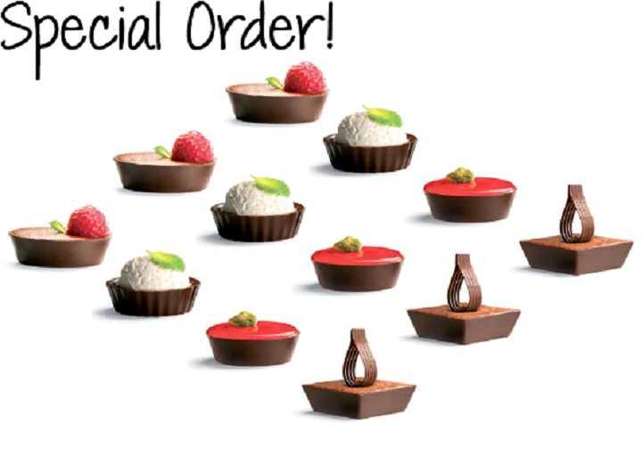 2% Cacao Cups & Shells Belgian Dark Chocolate Assorted Petit Fours (Special Order) Fill Capacity: approx. 0.5 oz.