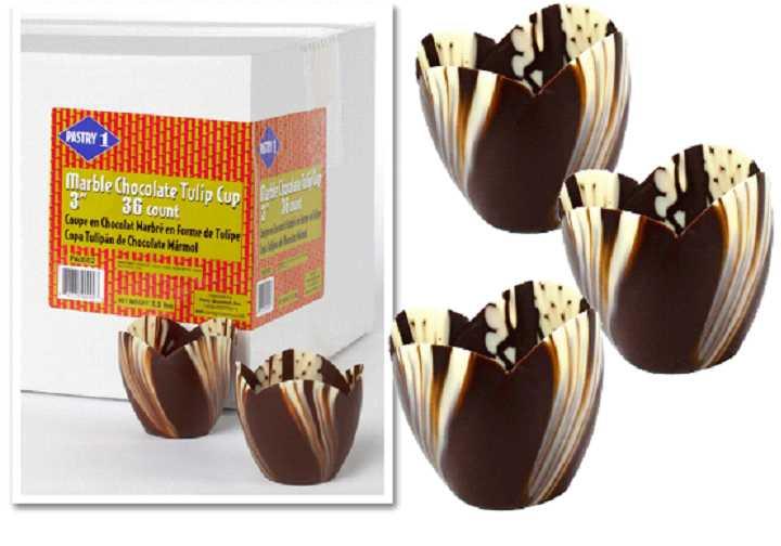 Chocolate Cups & Shells Marbled Chocolate Tulip Cup - Large Formed chocolate cup ready for filling. Expert design and manufacturing.
