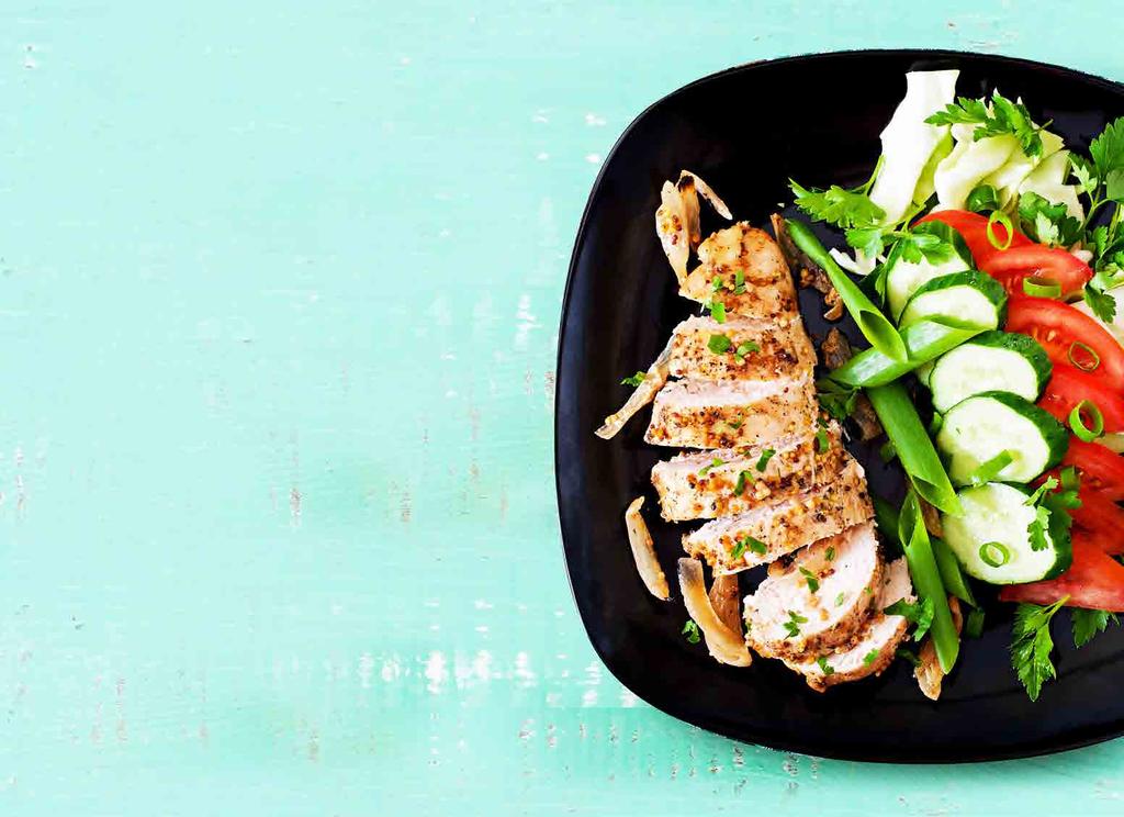 SPICE-CRUSTED BAKED CHICKEN WITH CUCUMBER & MINT SALAD 2 x 150g chicken breast fillets Extra virgin olive oil spray Spice crust 50g sesame seeds 50g blanched almonds 25g coriander seeds 5g cumin
