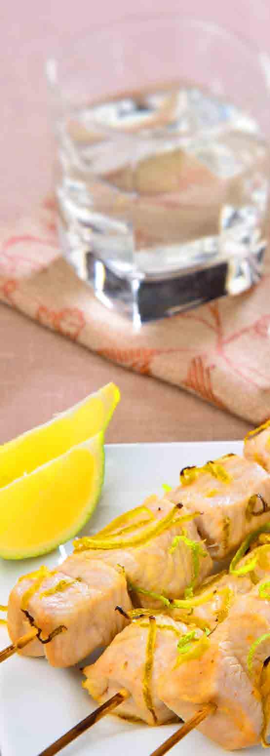 skewers, which have been soaked (for 30 minutes) to prevent burning whilst cooking, or metal skewers. Mix together lemon juice, lemon rind, chopped herbs and olive oil to make a marinade.