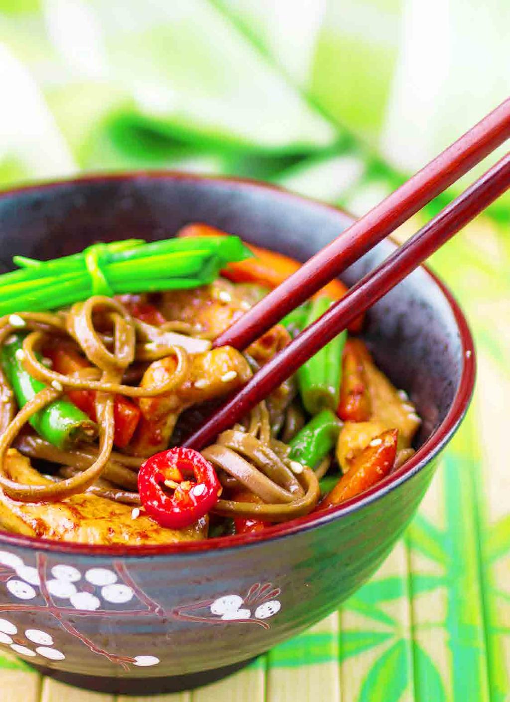 SOBA NOODLES WITH SHREDDED CHICKEN, GINGER & LIME 2 x 150g chicken breast fillets 90g soba noodles 1cm fresh ginger, finely chopped 1 carrot, cut into matchsticks 1 red capsicum, thinly sliced 1 long