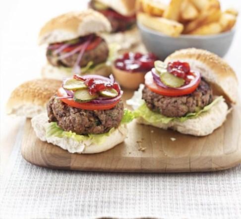 11. Homemade burgers Ingredients 250g minced beef 1/2 onion finely chopped 1 slice of bread made into breadcrumbs 20g grated cheese 1 tsp of egg mixture 2 bread rolls Method 1.