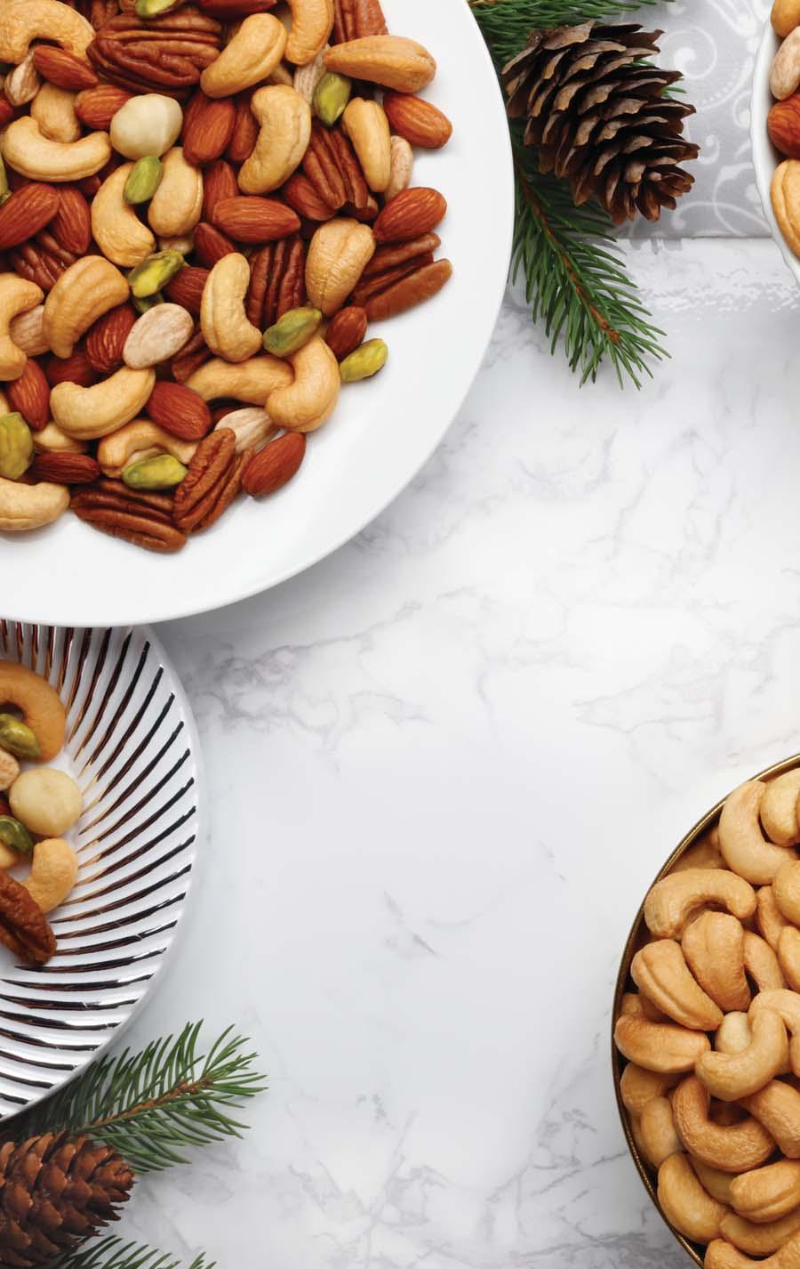 New! Ultimate Mixed Nuts We ve combined rich Macadamias, shelled Pistachios, mammoth Pecans, colossal Cashews, natural Nonpareil Almonds, and fresh blanched Almonds into a premium, gourmet delight.