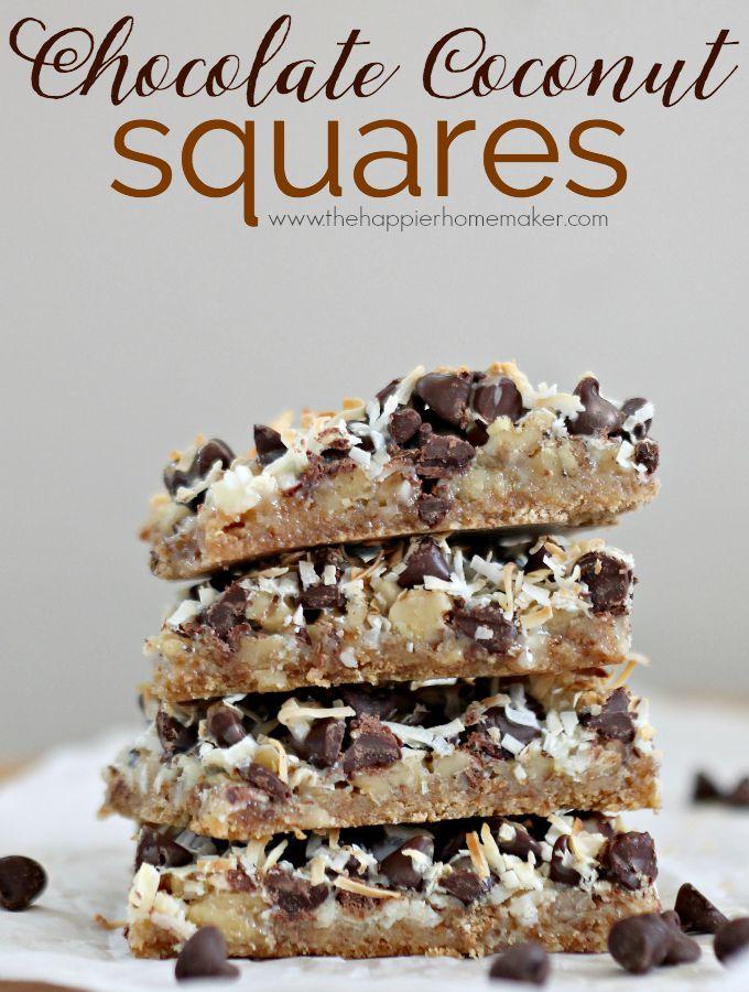 Chocolate Coconut Squares 1/2 cup butter 8 full graham crackers, crushed (1 sleeve) 1 cup chopped walnuts 1 cup unsweetened flaked coconut (divided) 1.