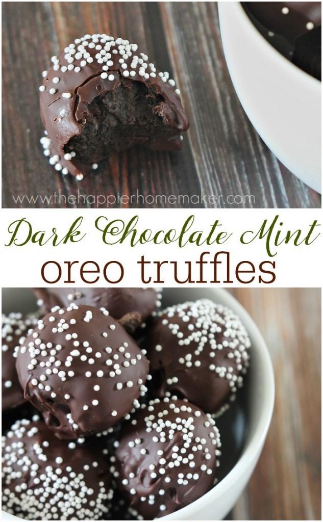 Dark Chocolate Mint OREO Truffles 1 package Mint Oreos 8 oz package of cream cheese (the recipe turns out just as good with light cream cheese) 10 oz bag of dark chocolate morsels sprinkles