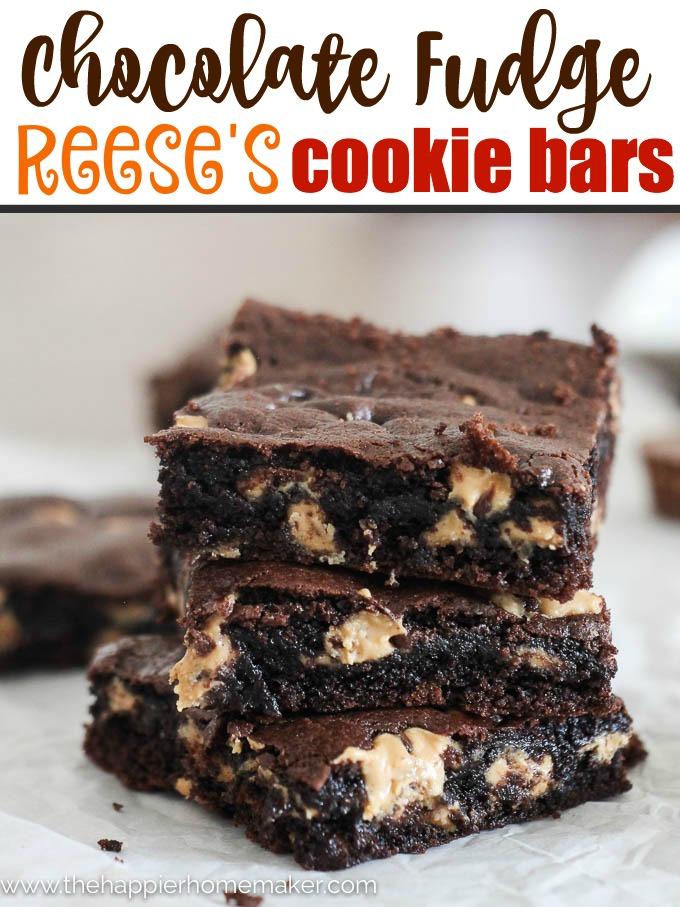 Chocolate Reese s Cookie Bars : 1 box Chocolate Fudge Cake Mix 1 box instant chocolate pudding 2 eggs 1/4 cup water 3/4 cup vegetable oil 10 oz bag (about 1 3/4 cups) Reece s Peanut Butter Chips :