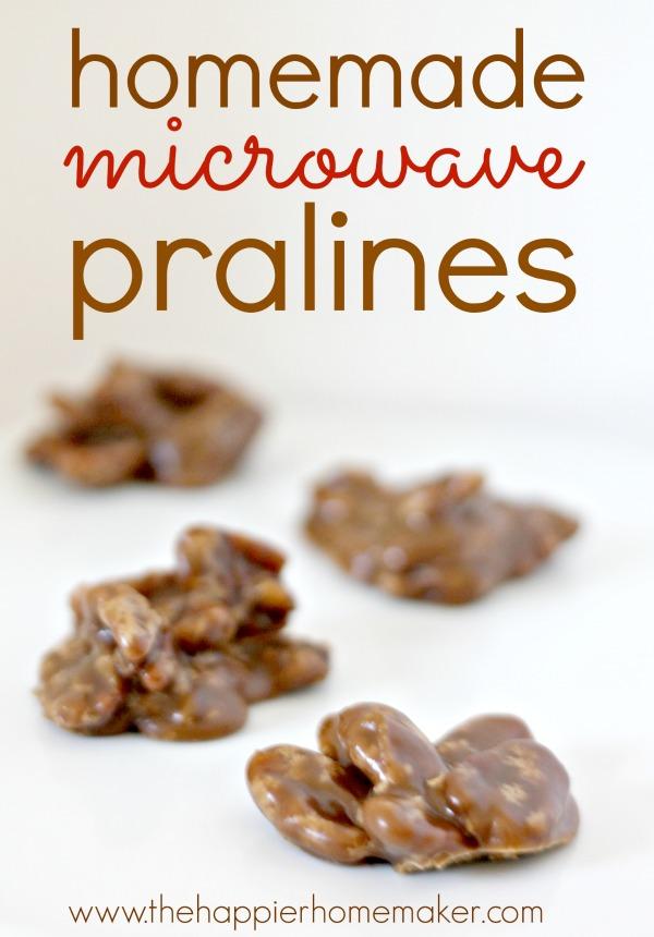 Easy Microwave Pralines 1½ cups brown sugar ⅔ cup heavy cream 1½ cup pecan halves 1 tsp vanilla extract ⅛ tsp salt (optional) 2 tbsp margarine or butter Mix all ingredients in a large microwave safe