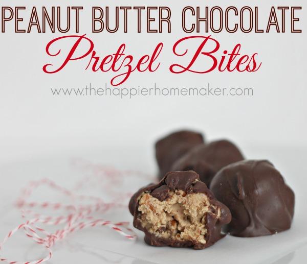 Peanut Butter Chocolate Pretzel Bites ½ cup creamy peanut butter ⅓ cup powdered sugar 1 tablespoon butter, softened to room-temperature 1 cup crushed pretzels 6 ounces melted chocolate chips or