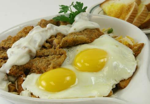 Country Fried Steak & Eggs For a hearty appetite! Breaded chicken country fried steak meal. 8.