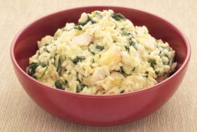 Kickstart Fish Risotto 15g Butter 1 Leek, thinly sliced 300g Risotto Rice 700ml Fish Stock 250ml Milk 375g Cod Fillet, in chunks 3 tbsp Creme Fraiche 100g Baby Spinach Black Pepper 1.
