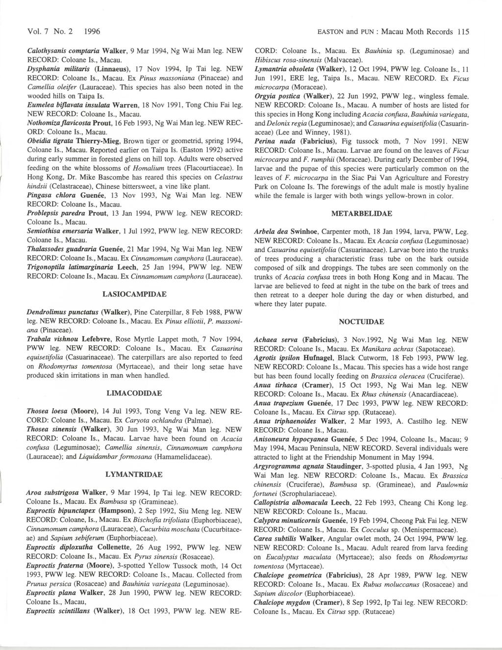 Vol. 7 No, 2 1996 EASTON and PUN : Macau Moth Records 115 Calothysanis comptaria Walker, 9 Mar 1994, Ng Wai Man leg. NEW Dysphania militaris (Linnaeus), 17 Nov 1994, Ip Tai leg.