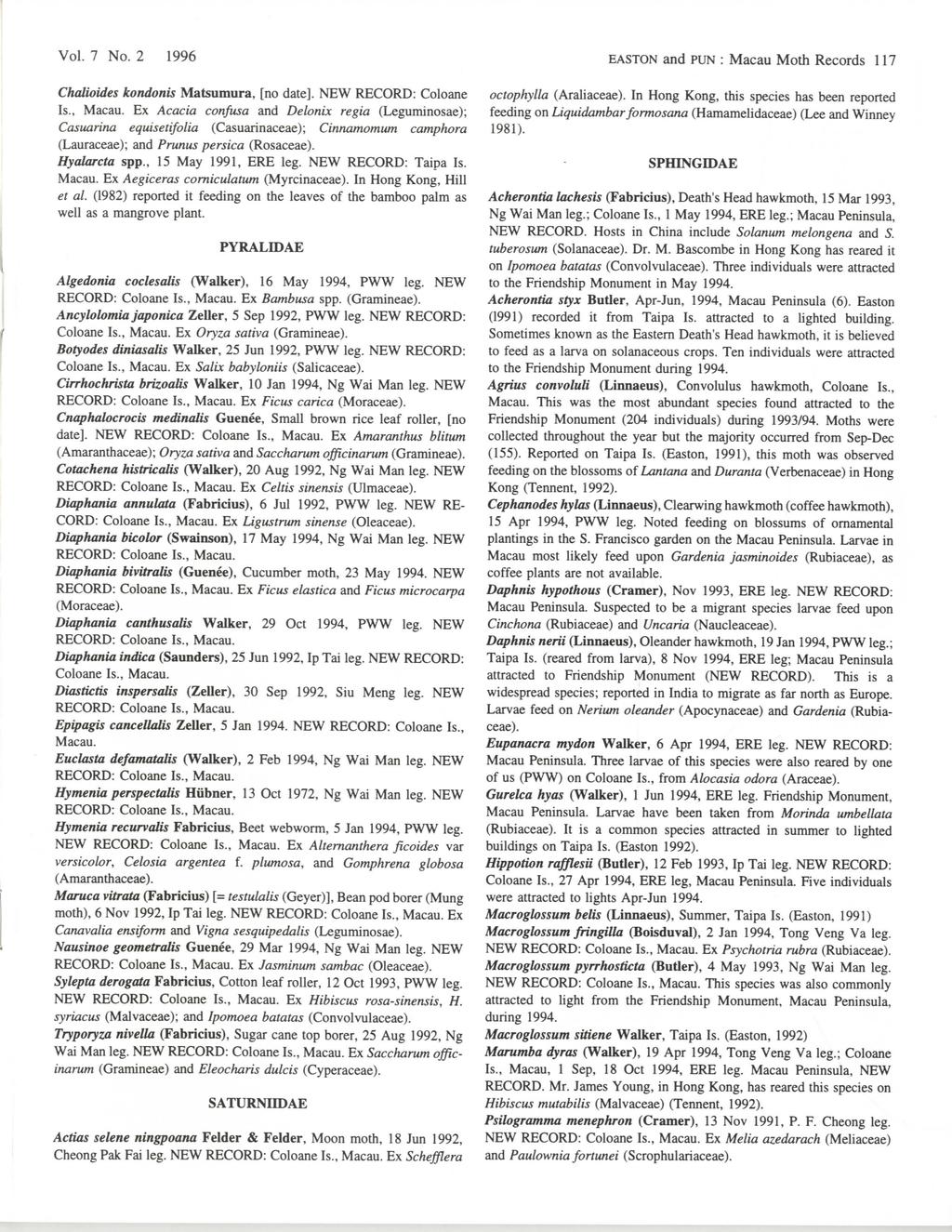 Vol. 7 No. 2 1996 EASTON and PUN : Macau Moth Records 117 Chalioides kondonis Matsumura, [no date]. NEW RECORD: Coloane Is., Macau.