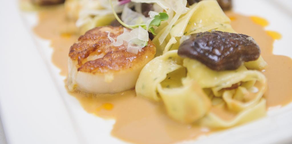 Seared Scallops with Chive Pappardelle, Wild Mushrooms, Lemon Honey Cream Sauce, and Fennel Almond Salad CHEF JAY COTRELL - M (continued from previous page) For the scallops 12 each U-10 Scallops 1