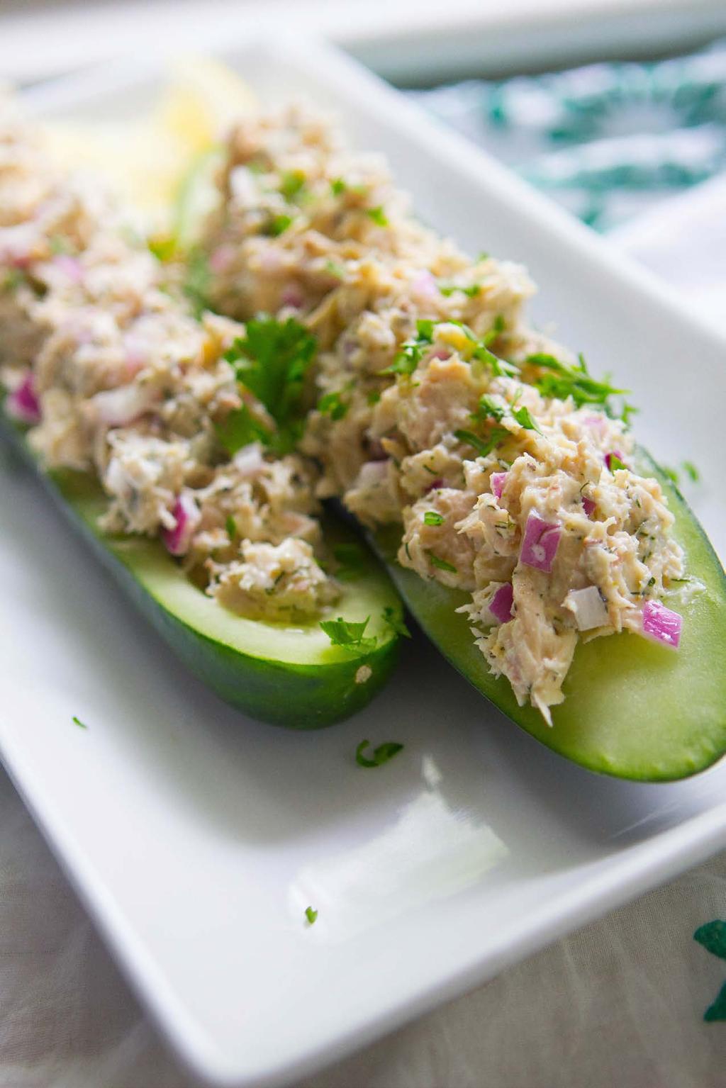 6. Tuna Salad Boats Quick, simple, and full of delicious flavor, cucumbers are sliced and seeded, then stuffed with tuna salad (or quinoa, if you prefer a vegetarian option).