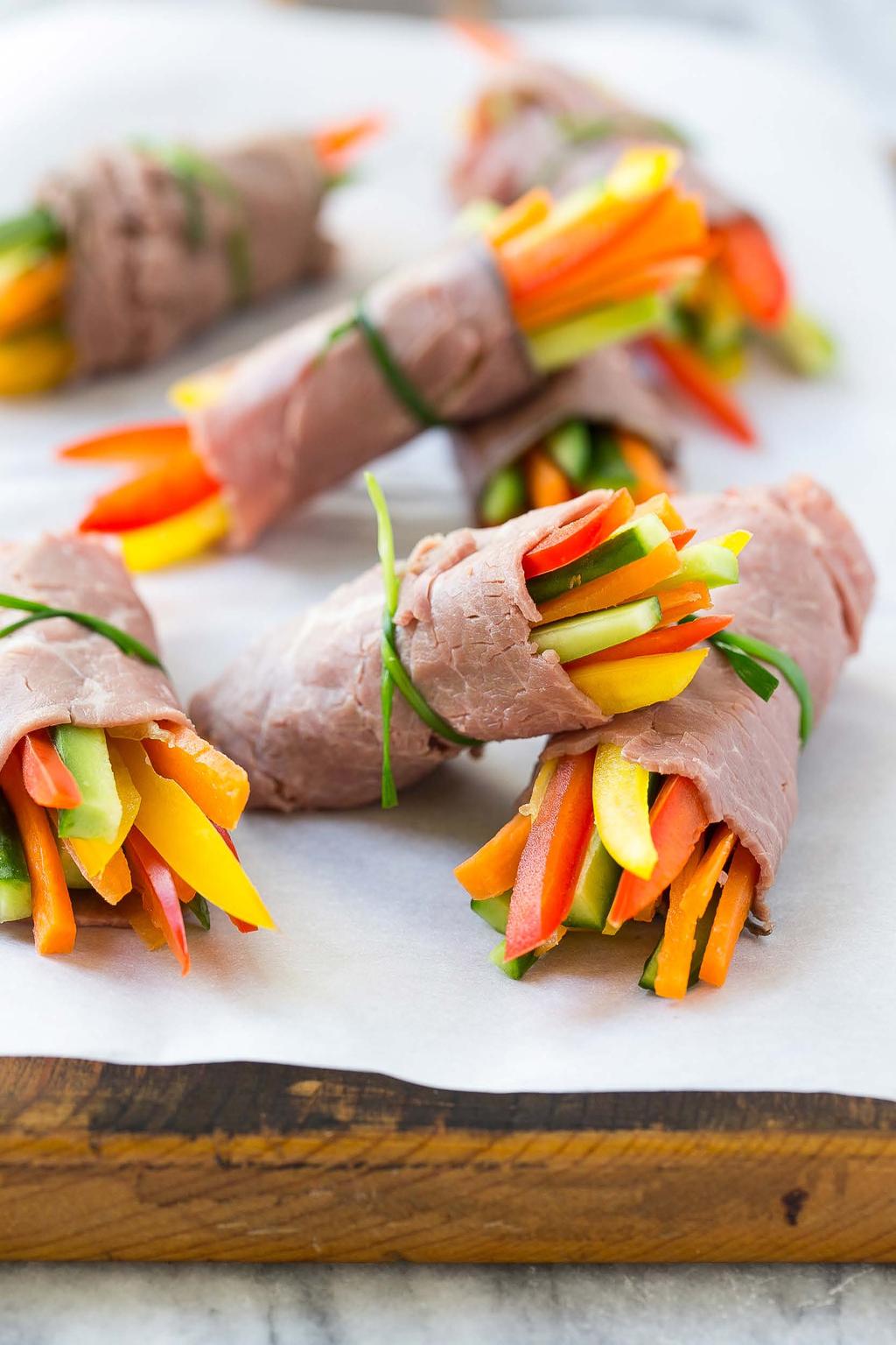 13. Roast Beef Wraps Thin slices of roast beef wrapped around slices of crisp and colorful vegetables. You can substitute turkey instead of roast beef if you prefer.