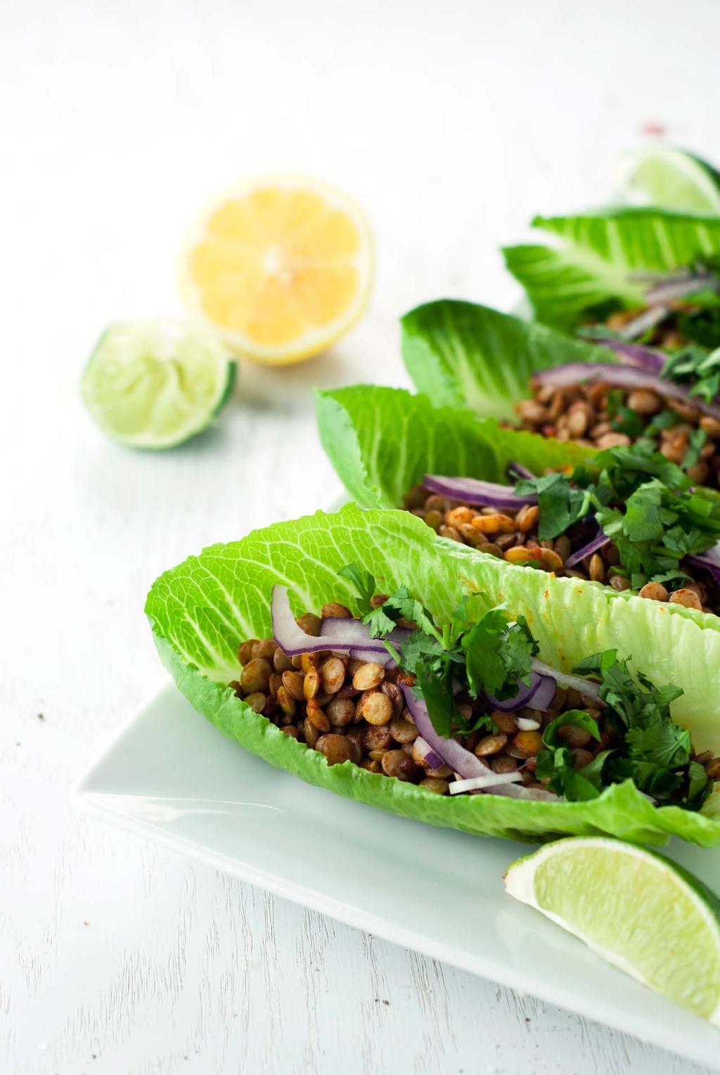 14. 5-Min Lentil Street Tacos Using pre-cooked lentils makes this meal a super fast lunch, with a spicy kick from the taco seasoning, and a hearty crunch from the cool lettuce leaves instead of