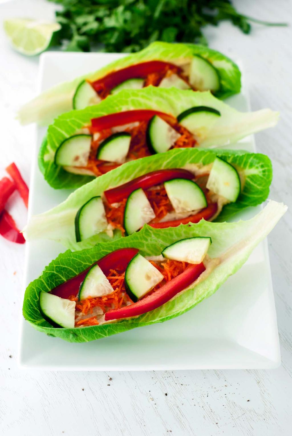 15. Crunch Garden Lettuce Wraps The perfect snack, these lettuce wraps pack a dose of protein in the hummus, paired perfectly with crunchy, crisp cool vegetables!