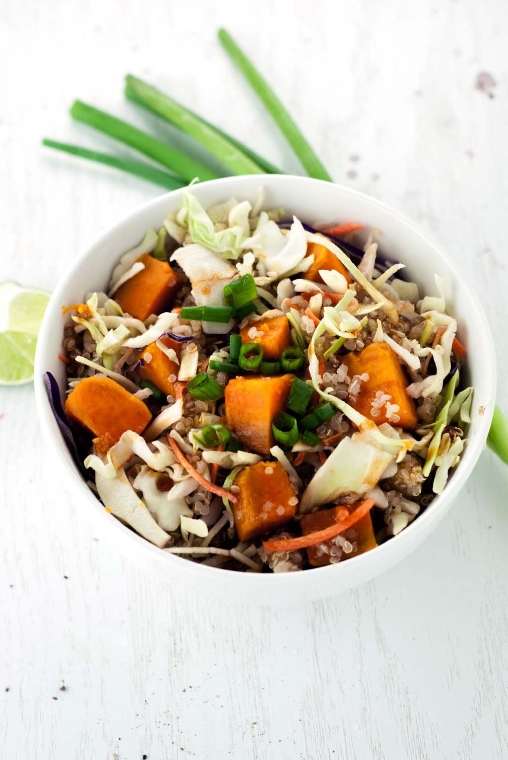 21. Sweet Potato Quinoa Slaw Bowl Dicing the sweet potato before microwaving will help it cook faster, bringing this dish together in just a few minutes, with the help of pre-cooked quinoa!