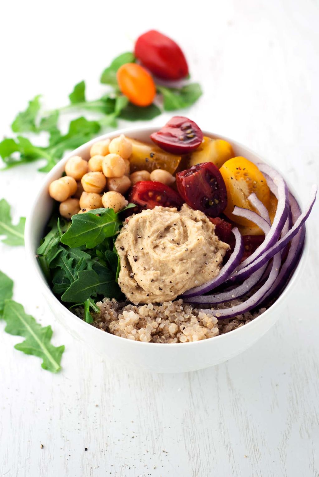 22. Quinoa Hummus Bowl Let your tastebuds travel to the Mediterranean with this tasty Quinoa Hummus Bowl filled with simple, delicious ingredients, and ready to devour in minutes!