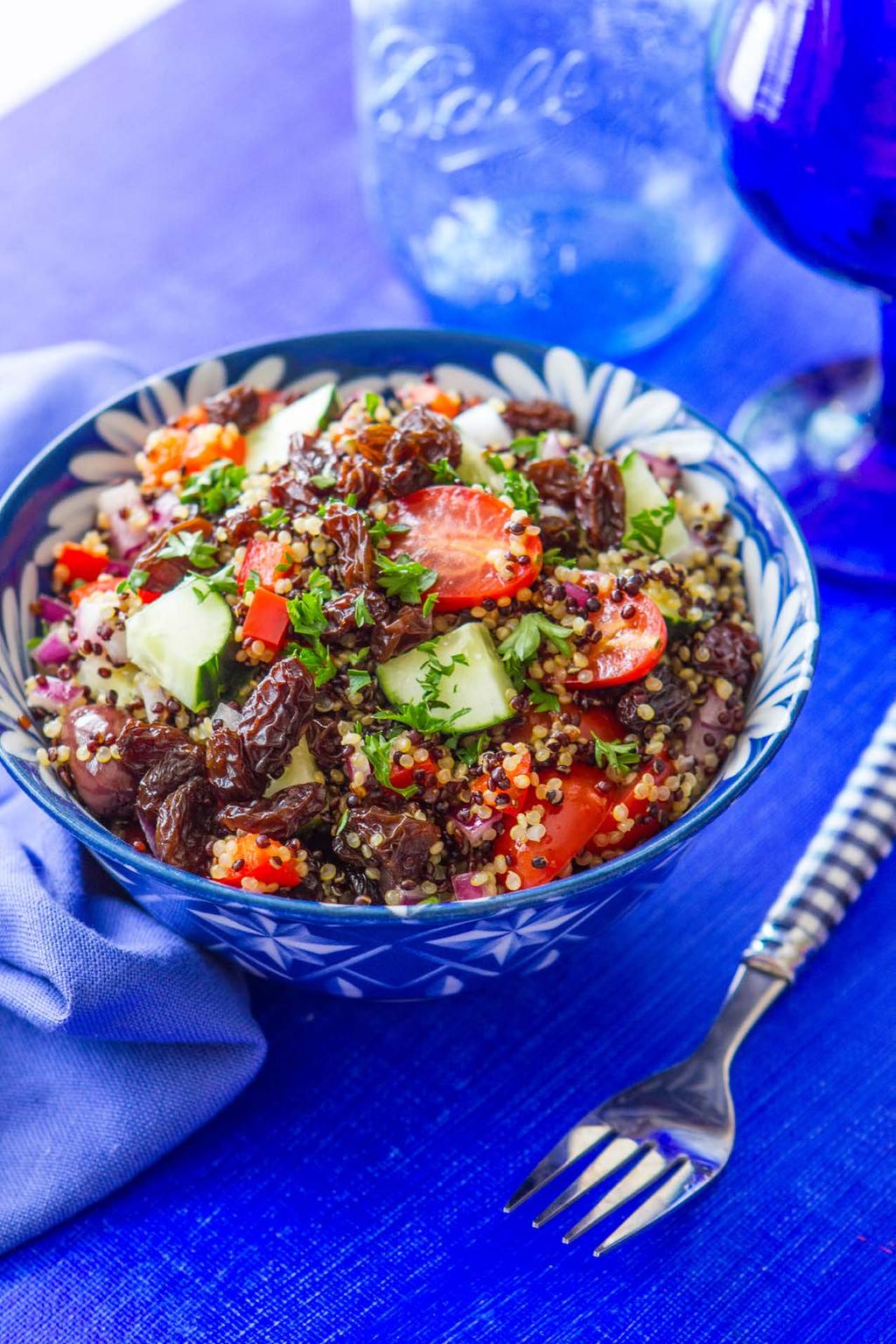 26. Mediterranean Quinoa Bowl This simple salad is reminiscent of tabbouleh. With savory and sweet mixed in, it's a simple high-protein dish. Perfect for lunch or dinner.