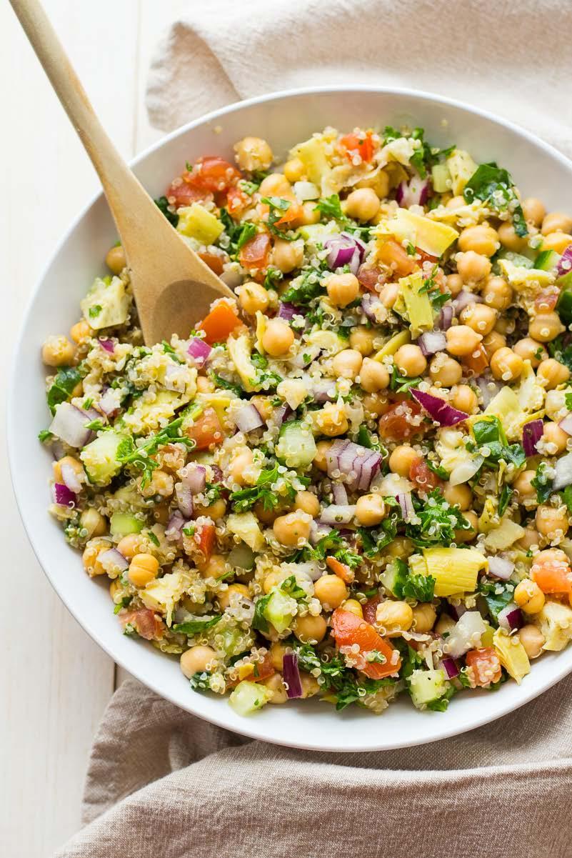 2. Chickpea Mediterranean Salad This delicious chickpea salad uses tons of fresh veggies and plenty of fresh herbs for a protein-filled, gluten free salad that is also perfect for on-the-go lunches.