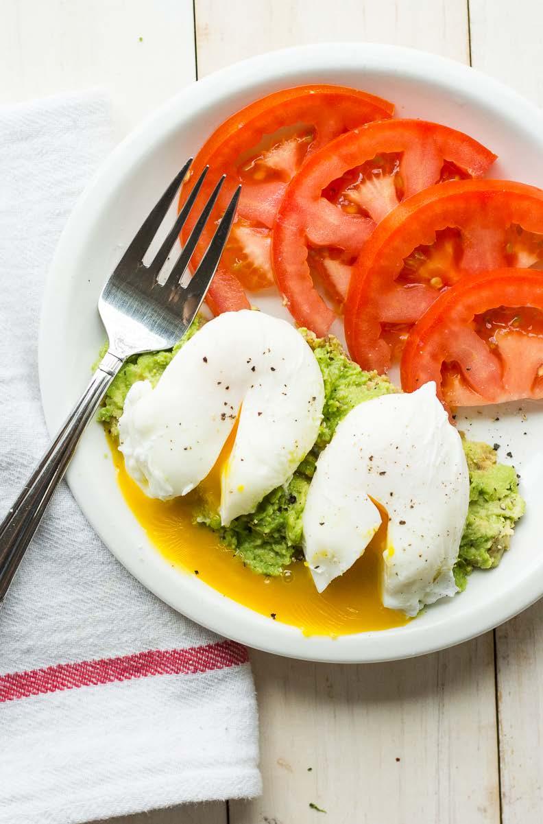 5. Poached Egg Plate This poached egg plate is served alongside fresh-sliced vine tomatoes and atop a simple avocado mash for a super quick and delicious breakfast.