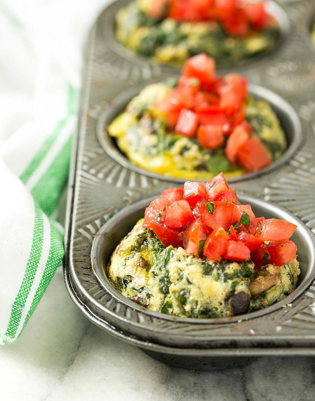 11. Veggie Omelet Muffins These miniature spinach and mushroom omelets bake up in the oven, make a large batch and warm them for breakfast each day.