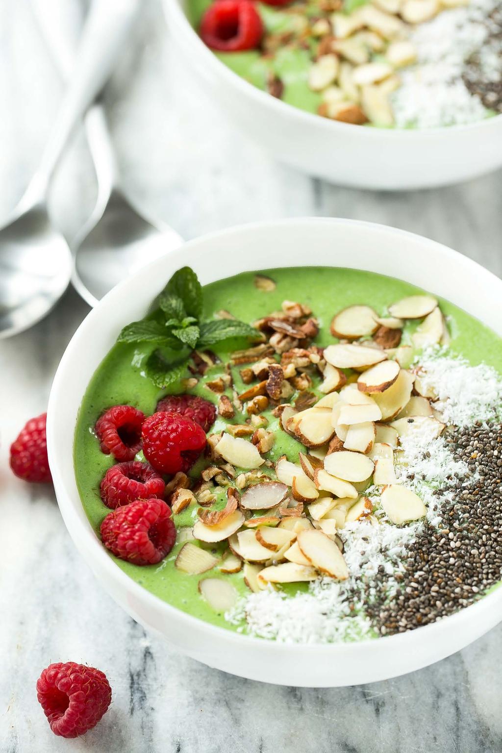 16. Green Smoothie Bowl A protein packed green smoothie topped with a variety of fruit, nuts and seeds.