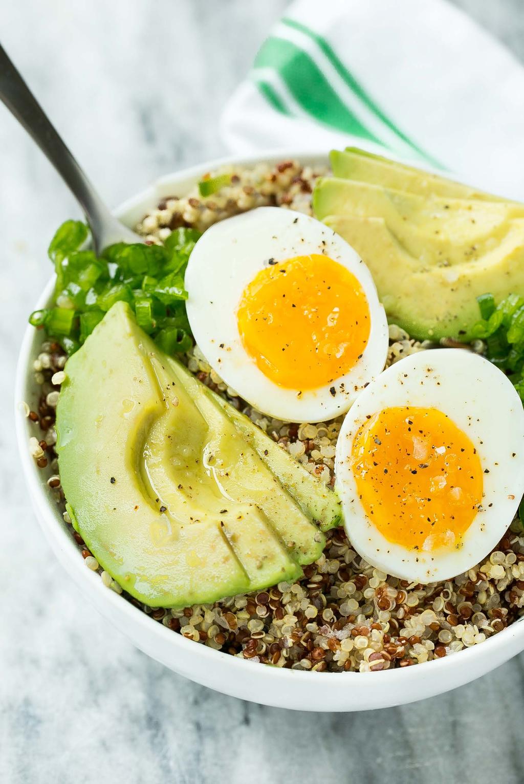 Savory Breakfast Bowls 21. Quinoa Quick-Grab Bowl Prepare the quinoa, eggs and green onion jalapeno relish the night before; in the morning just assemble and add avocado!