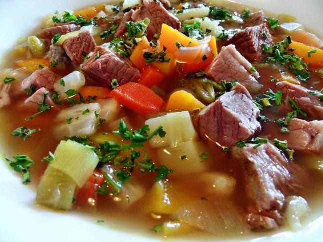 Stewed Vegetables with Meat 200g any type of meat mixed peppers salt bay leaf 20g onions 70g tomato sauce 150g cabbage 100g carrots 100g potatoes 5g wheatflour Cut the meat into pieces and brown it