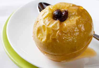 SWEETS RECIPES Baked Apple Core one small apple and fill it with 10 raisins. Microwave the apple for 6 minutes. Top with ¼ cup low-fat French vanilla, caramel, or cinnamon ice cream and serve.