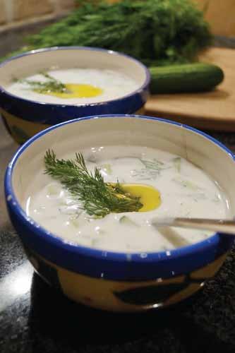 CUCUMBER SOUP.............................................................................................................. ½ English cucumber cups yogurt cup water tablespoons fresh dill gloves garlic minced salt to taste olive oil MAKES: 4 servings.