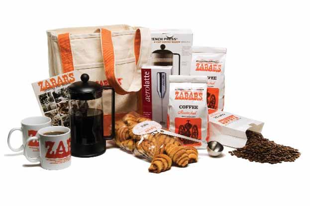 Each tote comes filled with three pounds of coffee, a coffee brewer, a milk frother, two mugs, a coffee scoop, a bag of Cinnamon rugleach and a brochure on brewing the perfect cup of