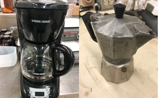Figure 2. The image on the left is the Black and Decker 12-cup Programmable Coffee Maker (model # DLX1050B) used to make the regular drip brewed coffee.