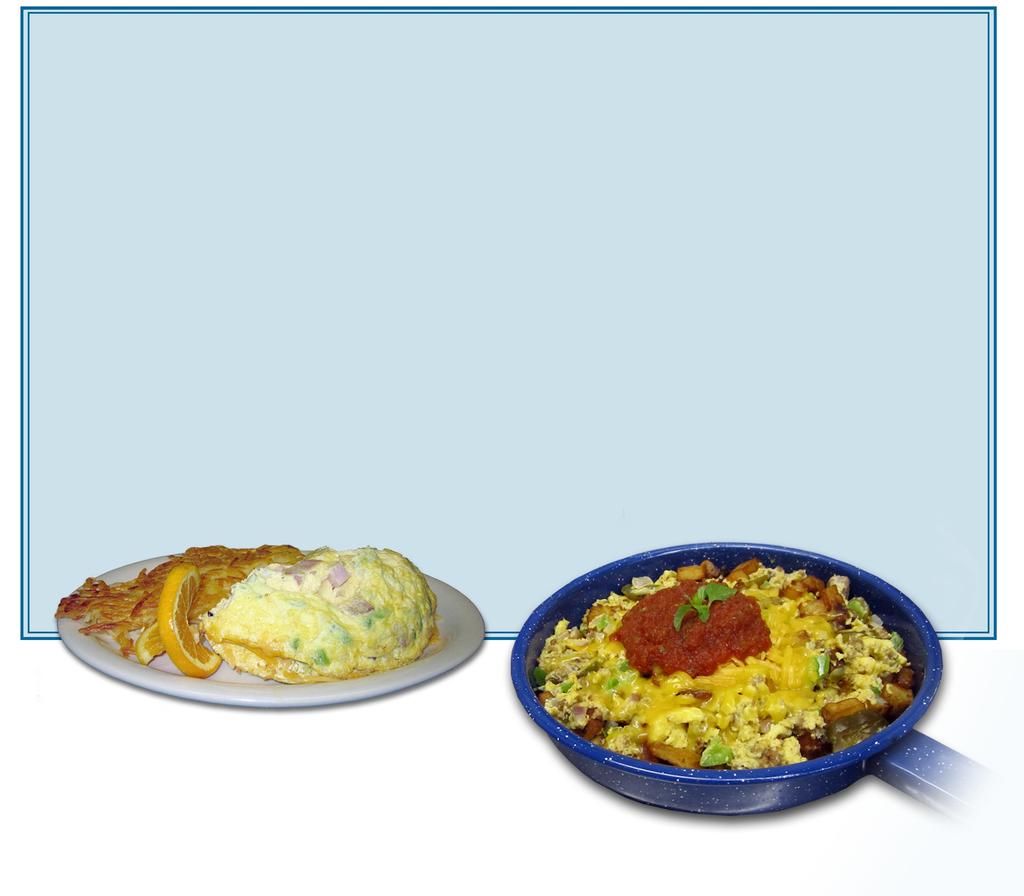 omelet or skillet fry Choose either a fluffy three egg omelet served with hashbrowns or homefries OR a skillet with all the good things in our omelets tossed into a skillet and scrambled up with red