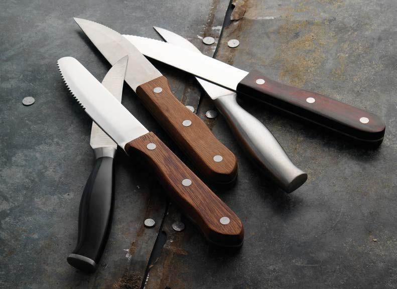 Varick steak knives add that something extra to tabletop presentations. 5790WP077 24.0cm (9½") 12.0cm (4¾") Tapered Sharpened Blade S/S Satin Handle 5791WP077 24.0cm (9½") 12.0cm (4¾") Tapered Sharpened Blade Black ABS Handle 5793WP059 25.