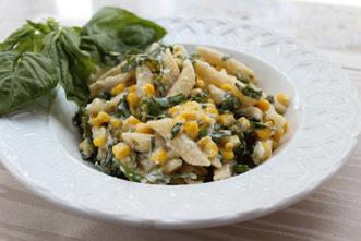 Penne Rigate with Sweet Corn, Ricotta and Basil Prep + Cook: 30 minutes Servings: 6 - Serving Size: about 1¾ cups Sweet corn, salty ricotta and fragrant basil make a light and lovely combination in