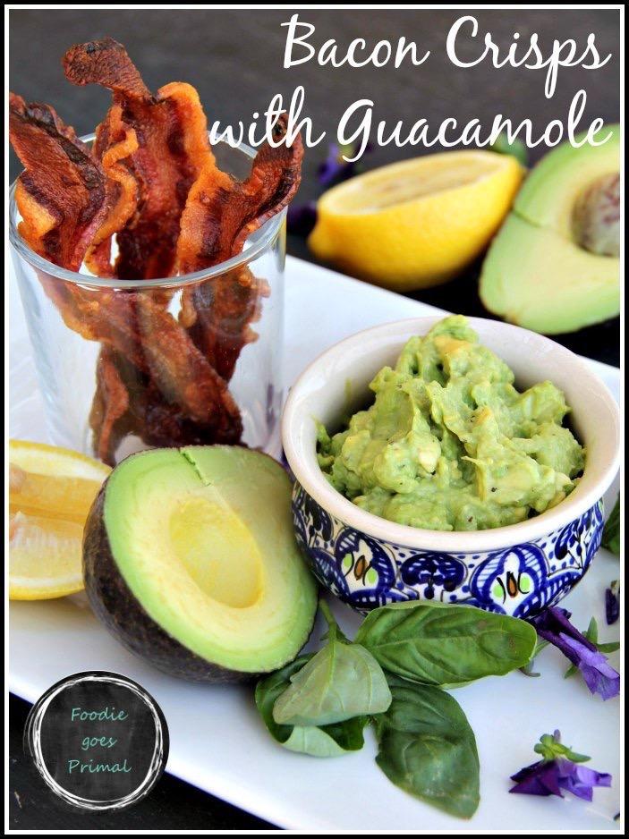 Snack: Bacon Crisps with Guacamole Servings: 4 Time: 20mins 12 strips of streaky bacon 1 ripe avocado Salt & black pepper 1/2 cup coriander or sweet basil, coarsely chopped Juice of half a lemon