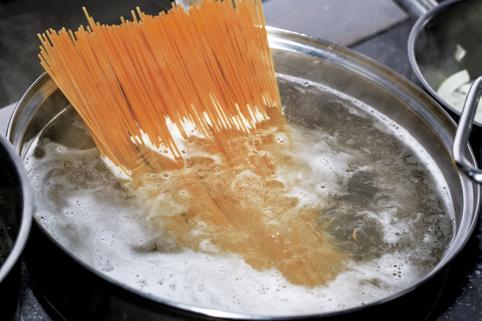 Pour in just half the amount of water needed to boil pasta, and while that s heating (with