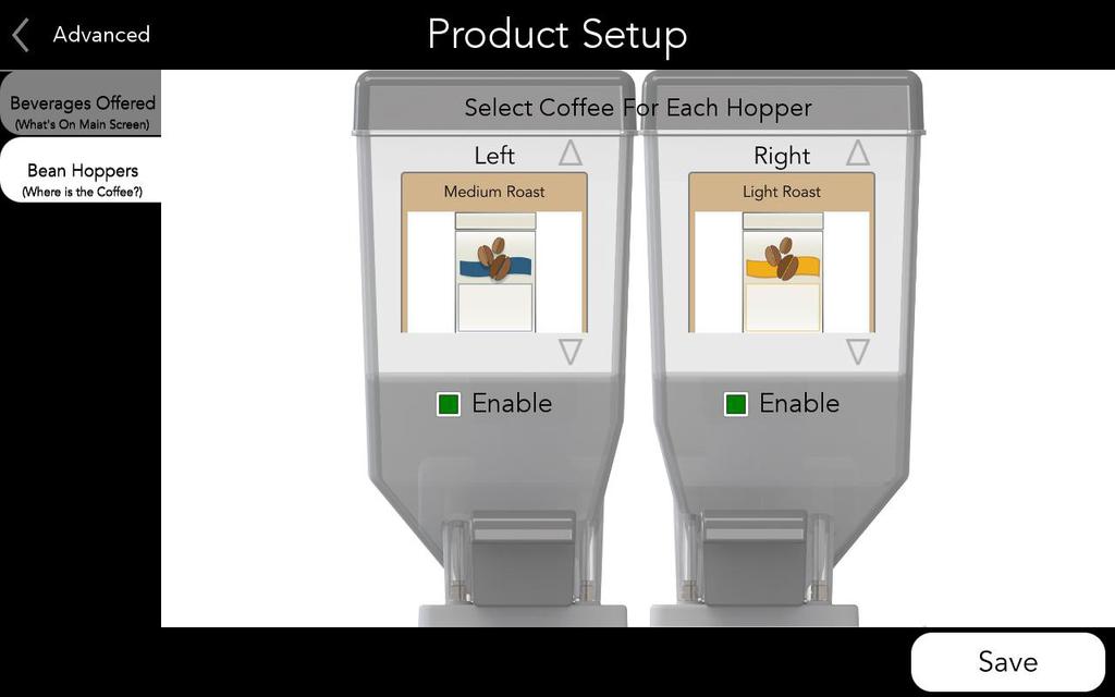 3. At the "ADVANCED" service screen select "Product Setup". Select this icon to: A. Enable specific recipes and sizes to be offered. B. Enable the specific hoppers and products to be offered.