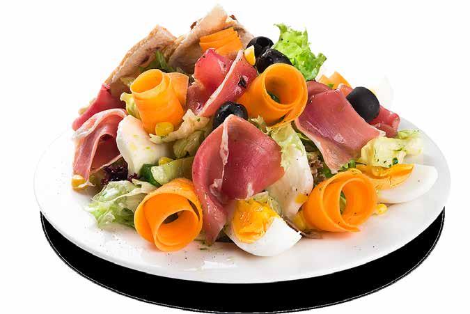 salads, tomatoes, peppers, cucumbers, sweet corn, olives, prosciutto, egg, mozzarella, balsamico