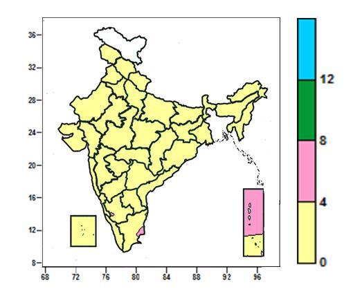 Mean Relative Humidity was between 60 to 80% over Nagaland, Manipur, Mizoram, Konkan & Goa, Coastal Karnataka, many parts of Arunachal Pradesh, Assam, Bihar, Jharkhand, Gangetic West Bengal, Odisha,