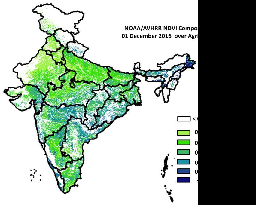 NOAA/AVHRR NDVI composite ending on 1 st December 2016 over Agricultural region of India Agricultural vigour is good in East Madhya Pradesh,