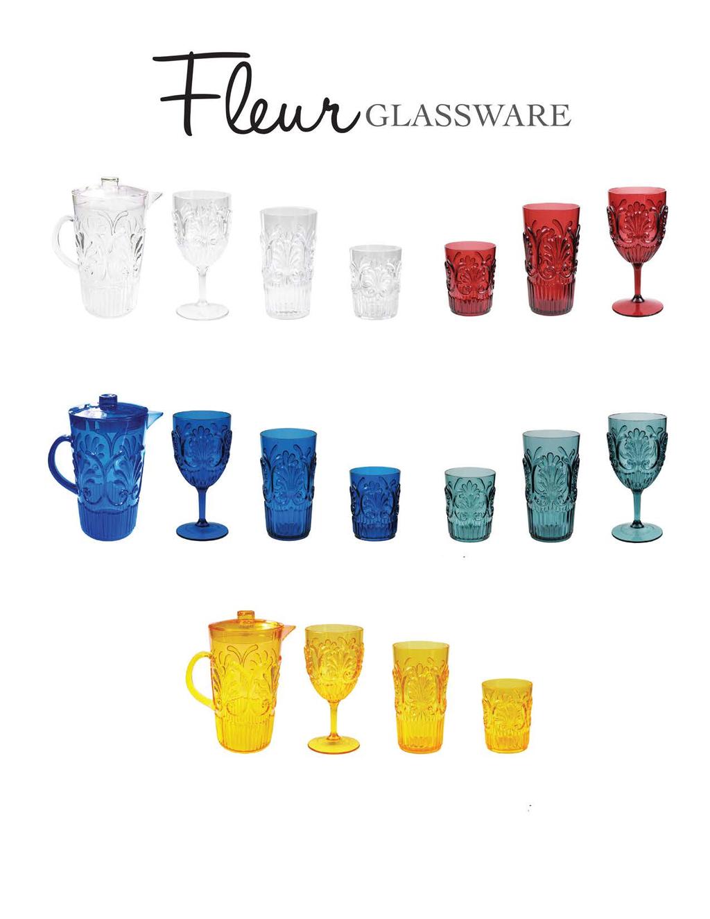 #836C Clear pitcher #813C Clear wine glass #812C Clear large tumbler #811C Clear small tumbler #811BR Berry Red small tumbler #812BR Berry Red large tumbler #813BR Berry Red wine glass #836B Blue