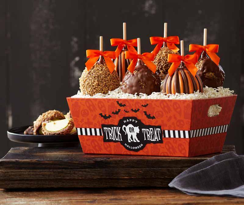 Trick or Treat Caramel Apple Tray Say Happy Halloween with six delicious Caramel Apples in a spooky-fun tray.