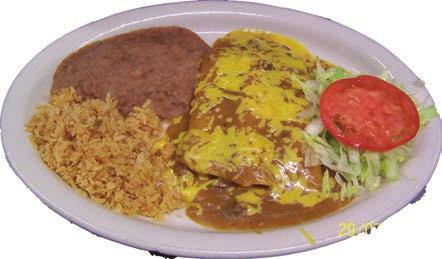 Mexican Food Enchiladas Our 60+ years old original family recipe Chili Meat sauce Served with Mexican Rice and Beans.