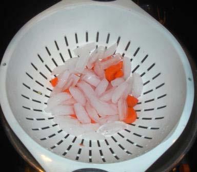 After vegetables are blanched, cool them quickly to prevent overcooking. Plunge the carrots into a large quantity of ice-cold water (I keep adding more ice to it).